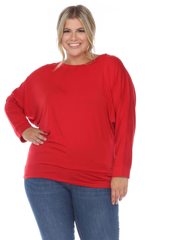 Front of a model wearing a size 1X Dolman Sleeve Top in Red by White Mark. | dia_product_style_image_id:257724